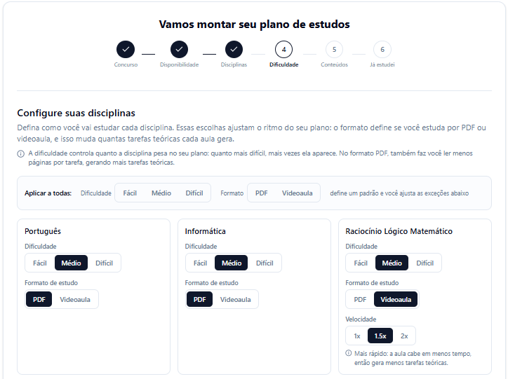 Tela de configuração de disciplinas
