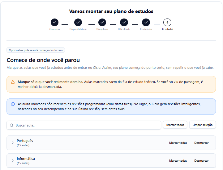 Tela de importação de progresso de estudos