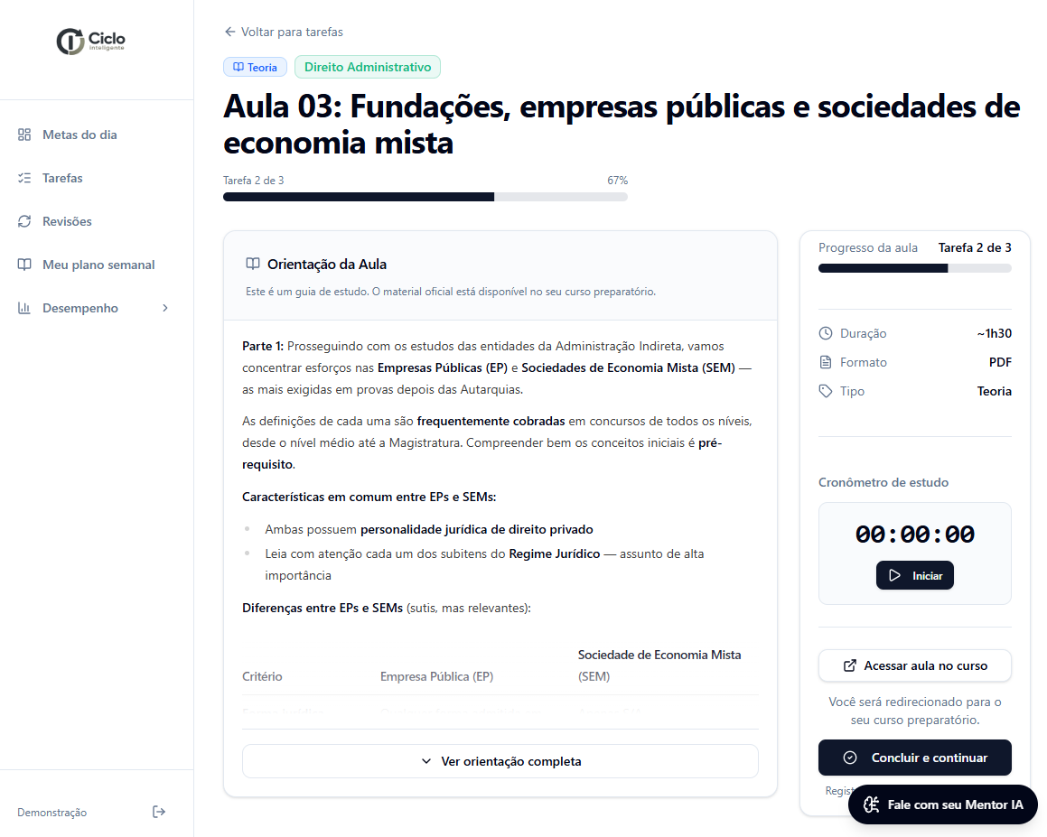 Detalhes da tarefa com orientação de estudo